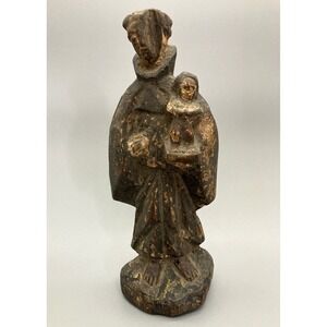 Antique carved wood saint santos statue figure patina monk ? holding infant